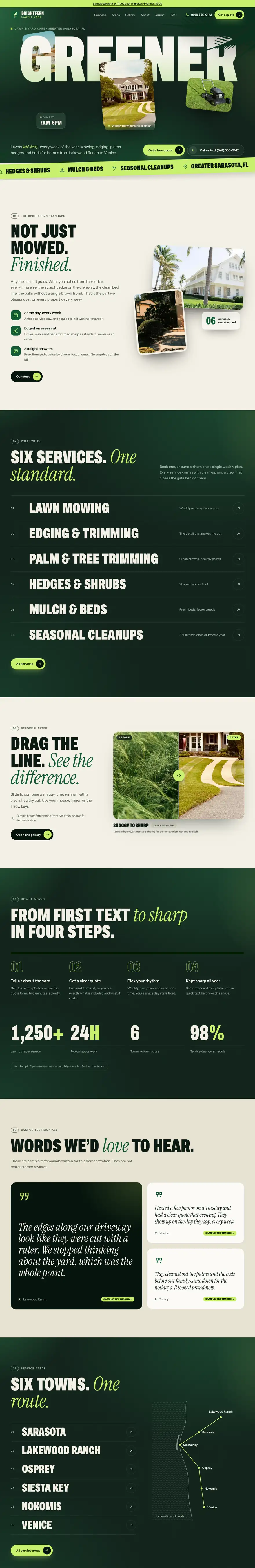 Premier sample site: the cinematic home page of a fully custom website for a made-up lawn care business