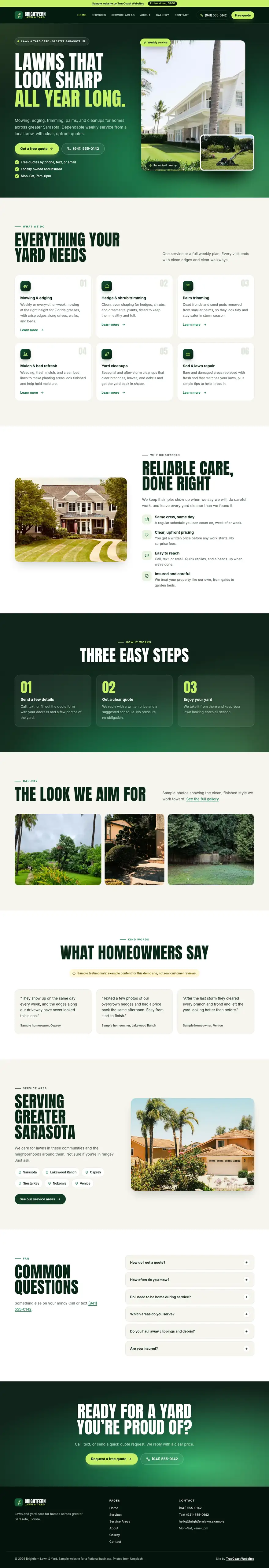Professional sample site: the home page of a multi-page website for a made-up lawn care business