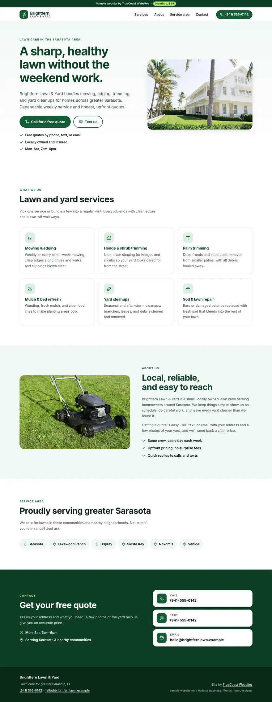 Standard sample site: the top of a one-page website for a made-up lawn care business